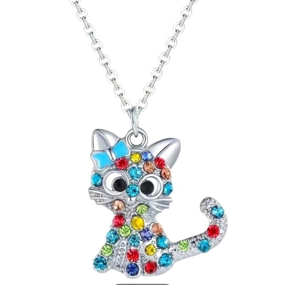 NEW Silver colorful Rhinestone Kitty Cat Pendant Necklace - Picture 1 of 3